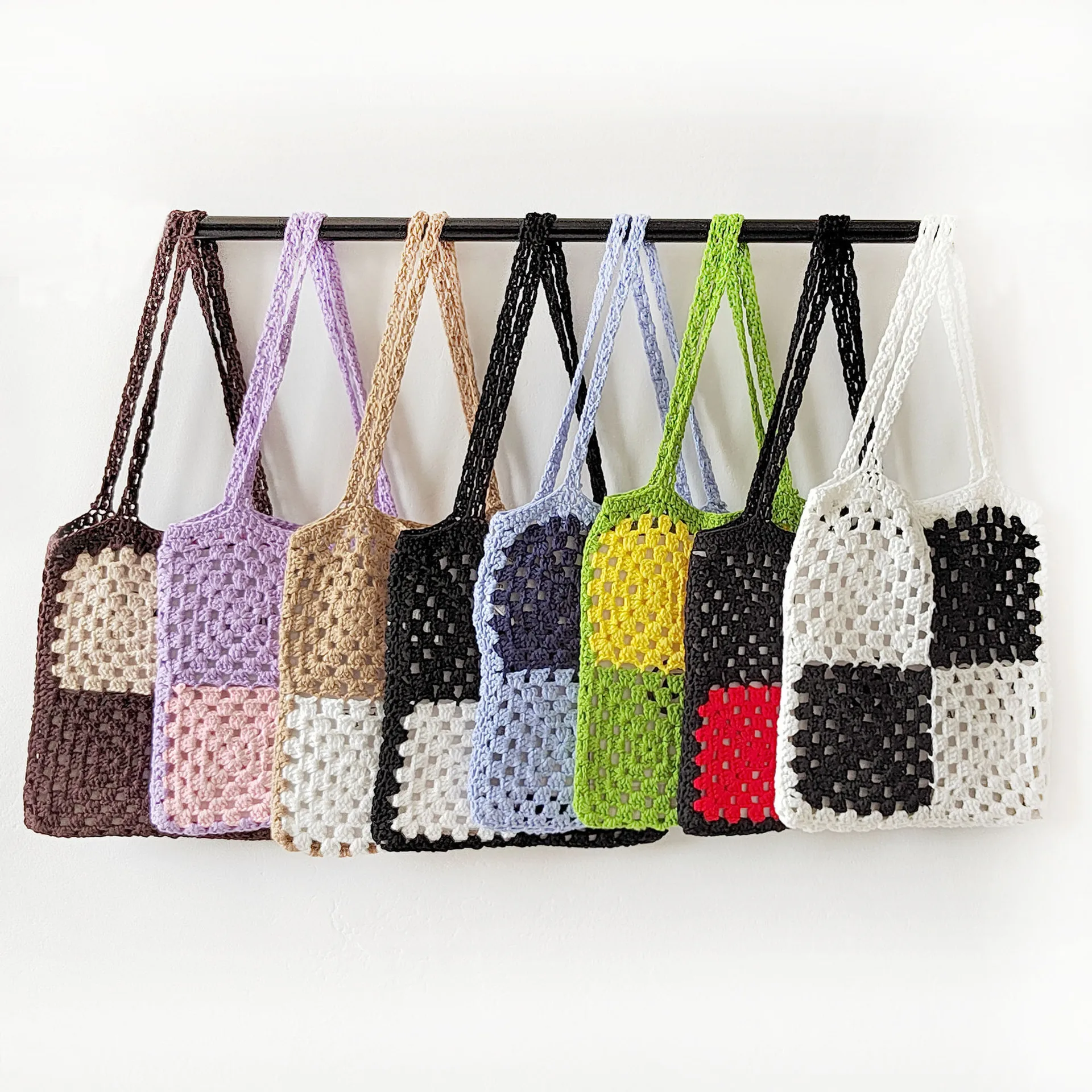 Color Block Woven Tote Designer Hollow Crochet Shoulder's Bag 2022 Soft Handbags and Purses Rope Knitting Shopper Bags for Women