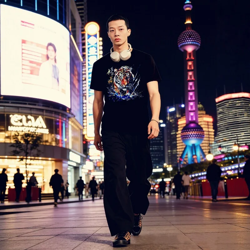 Men's Short Sleeve T-Shirt Hong Kong Style American Tiger Print European Station Trendy Brand 2026 New Arrival