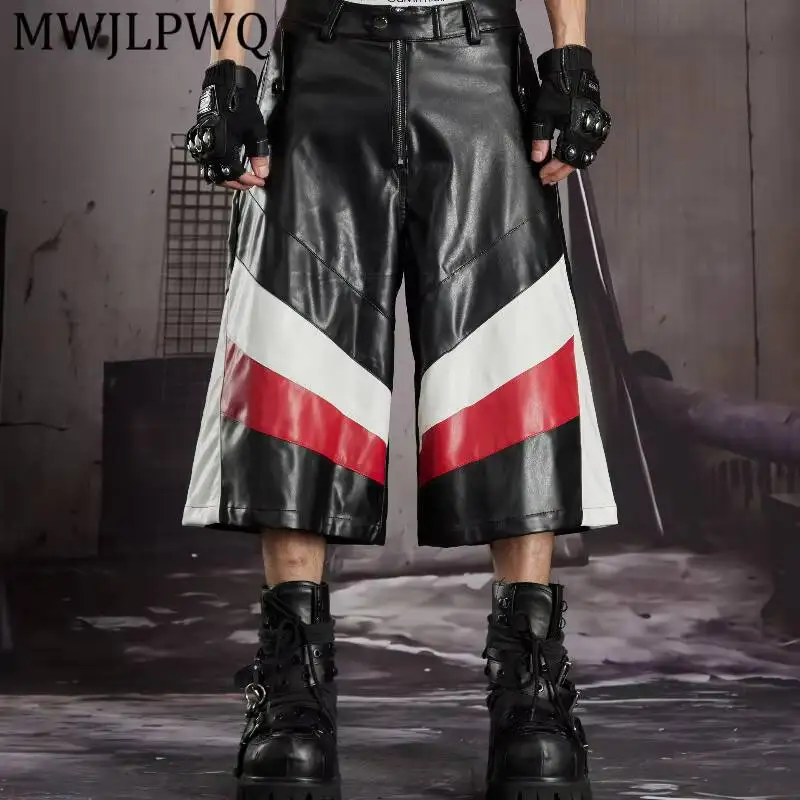 MWJLPWQ Faux Leather Culotte Short Pant Red Diagonal Color Block High Waist Men Punk Rock Oversize Loose Casual Bottom Fit 16962