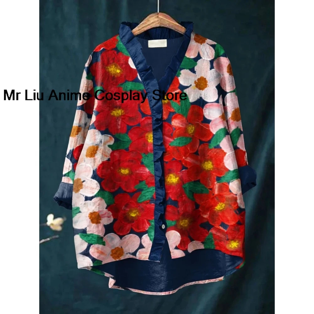 Romantic Cottagecore Shirt with Ruffled Collar Women Vintage Patchwork Bohemian Blouse Bubble Crepe Loose Fit Blouse Tops view 2