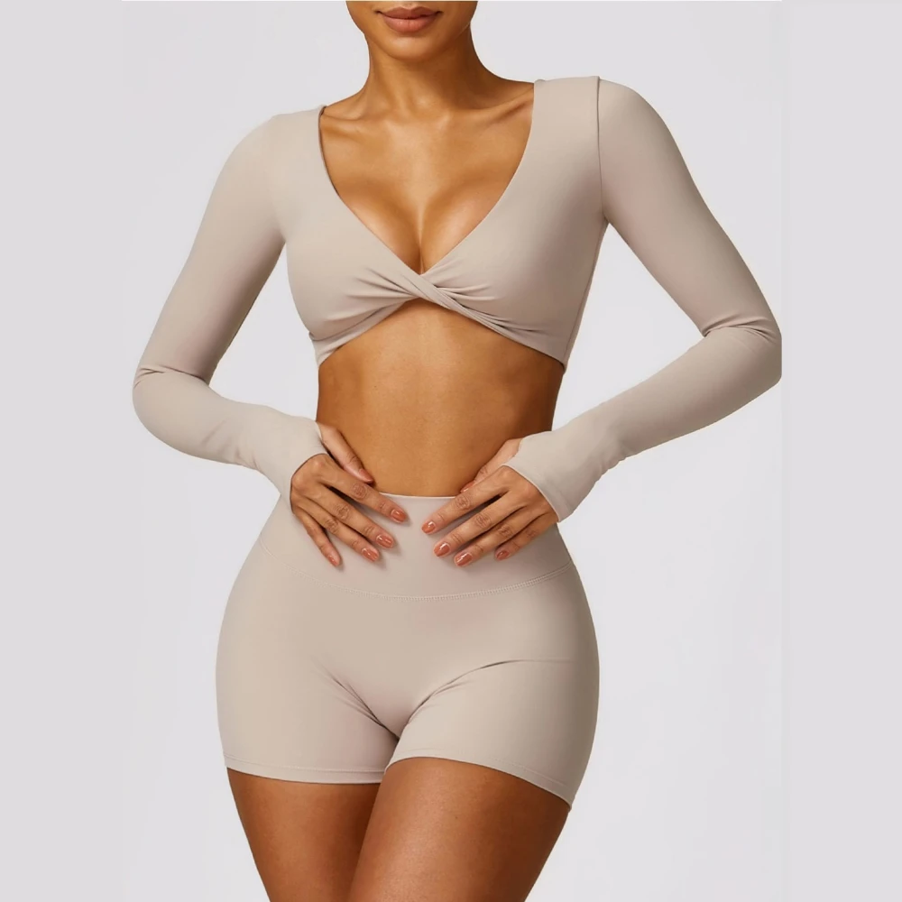 

WANAYOU 2pcs Women Yoga Shorts Set Full Sleeves Sports Crop Tops Front Twist Vest with Pads Push Up Gym Running Tights Workout