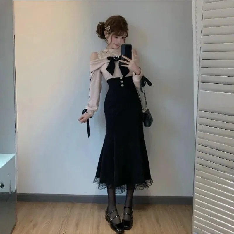 

Japanese Sweet Y2k Princess Dress Women Lolita Elegant Bow Lace Patchwork Off Shoulder Long Sleeve Dress for Female Tea Party