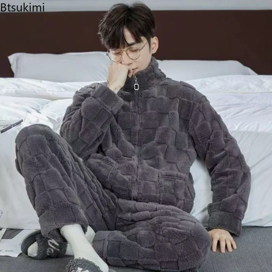 

2025 Plaid Pajamas for Men Coral Fleece Sleepwear Sleeping Night Wear Zipper Pijama Two Piece Sets Autumn Winter Warm Home Suit