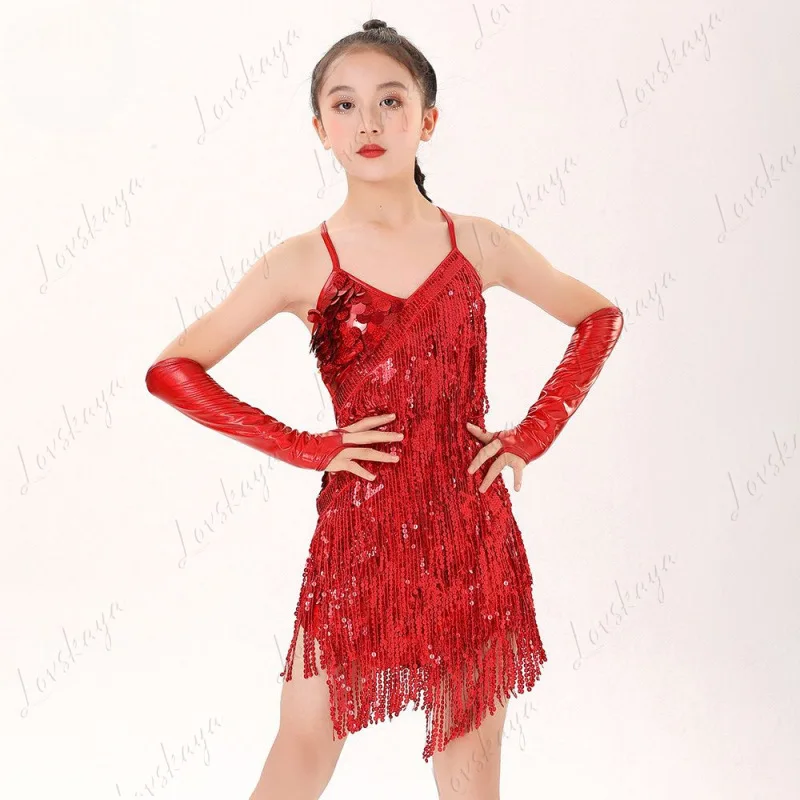 ชุดเต้นรำลาตินสำหรับเด็ก กระโปรงสายเดี่ยวประดับเลื่อมและพู่ห้อย ชุดแสดงสำหรับเด็กผู้หญิง