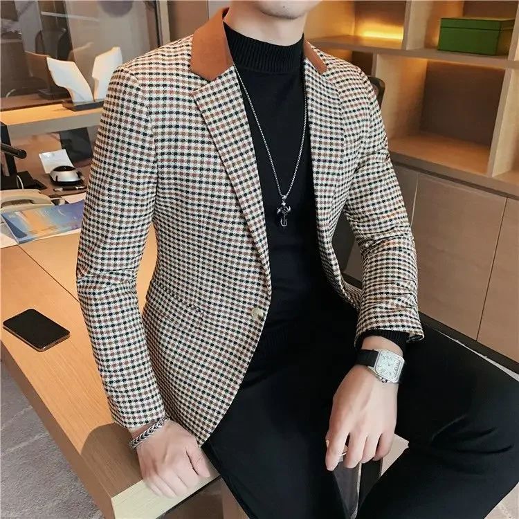 Coats Thin Slim Fit Man Business Suits and Blazers Plaid Spring Clothes Trendy 2024 Gentleman Casual New In Dress Jacket for Men