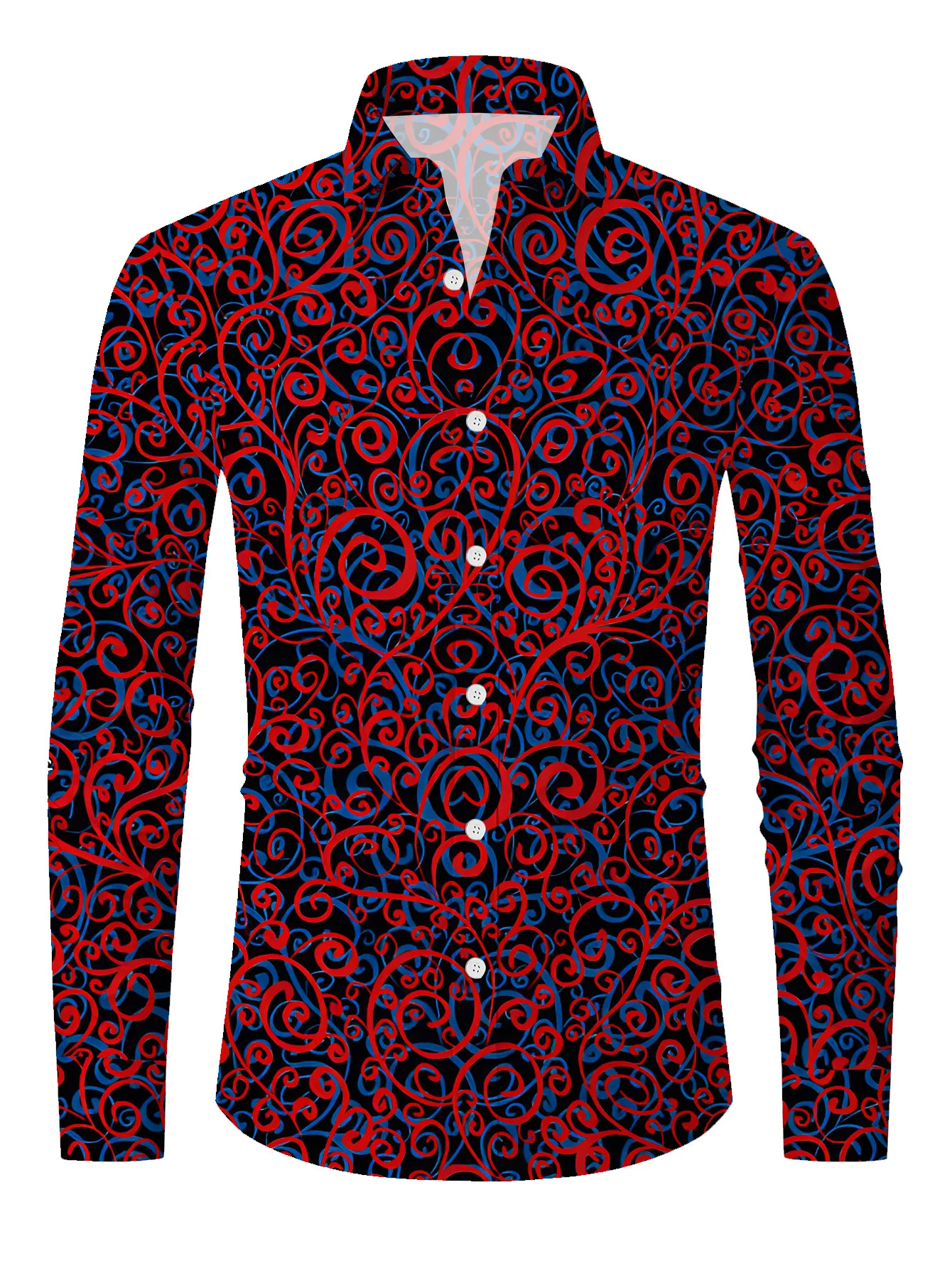Men Long Sleeve Button Down Shirt Black Base Red‑Blue Swirl Scroll Print Polyester Lapel Collar Gothic Casual