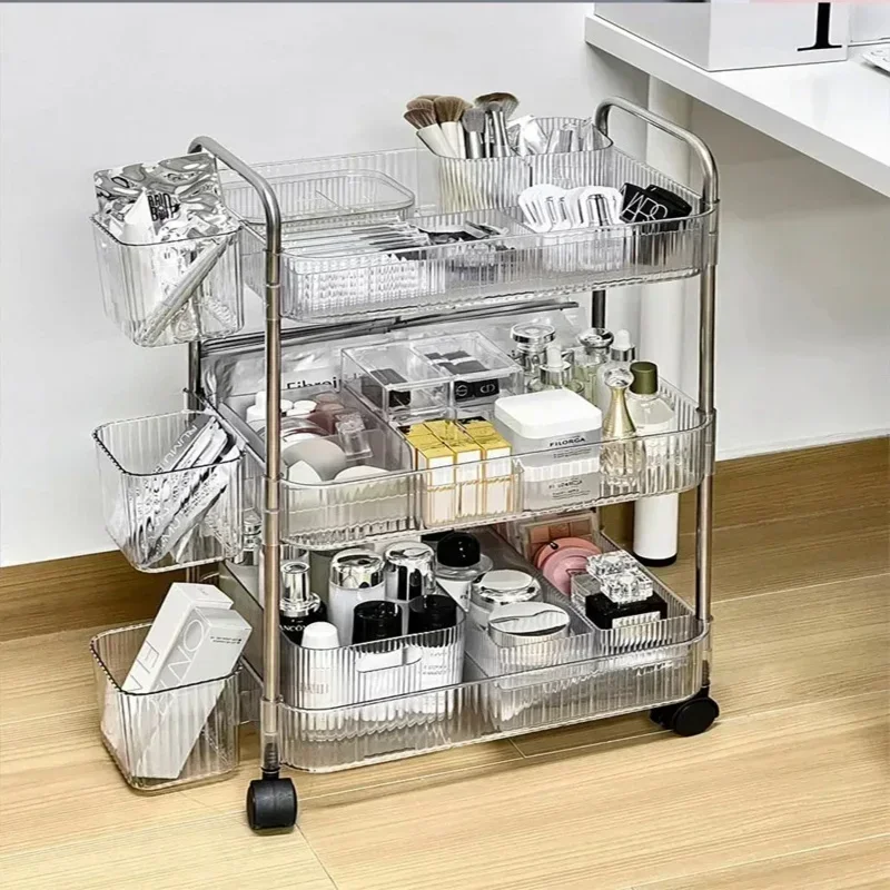 2/3 Tiers Rolling Cart Storage Shelf Transparent Acrylic Trolley Mobile Shelf with Wheel Multi-Layers Storage Rack