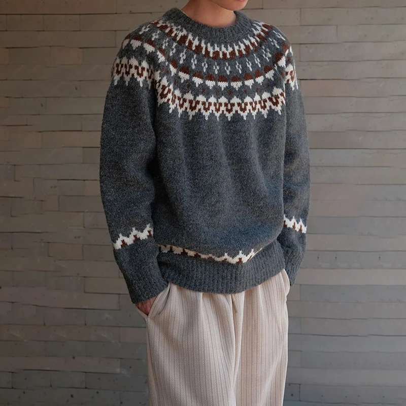 Fair Isle Jacquard Sweater Male Crew Neck Knitwear Pullover Autumn Winter Thickened Christmas Sweater Men Comfortable Knitted