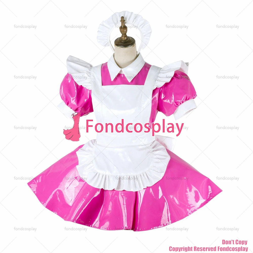 fondcosplay adult sexy cross dressing sissy maid lockable hot pink thin PVC dress vinyl Uniform white apron CD/TV[G2008]