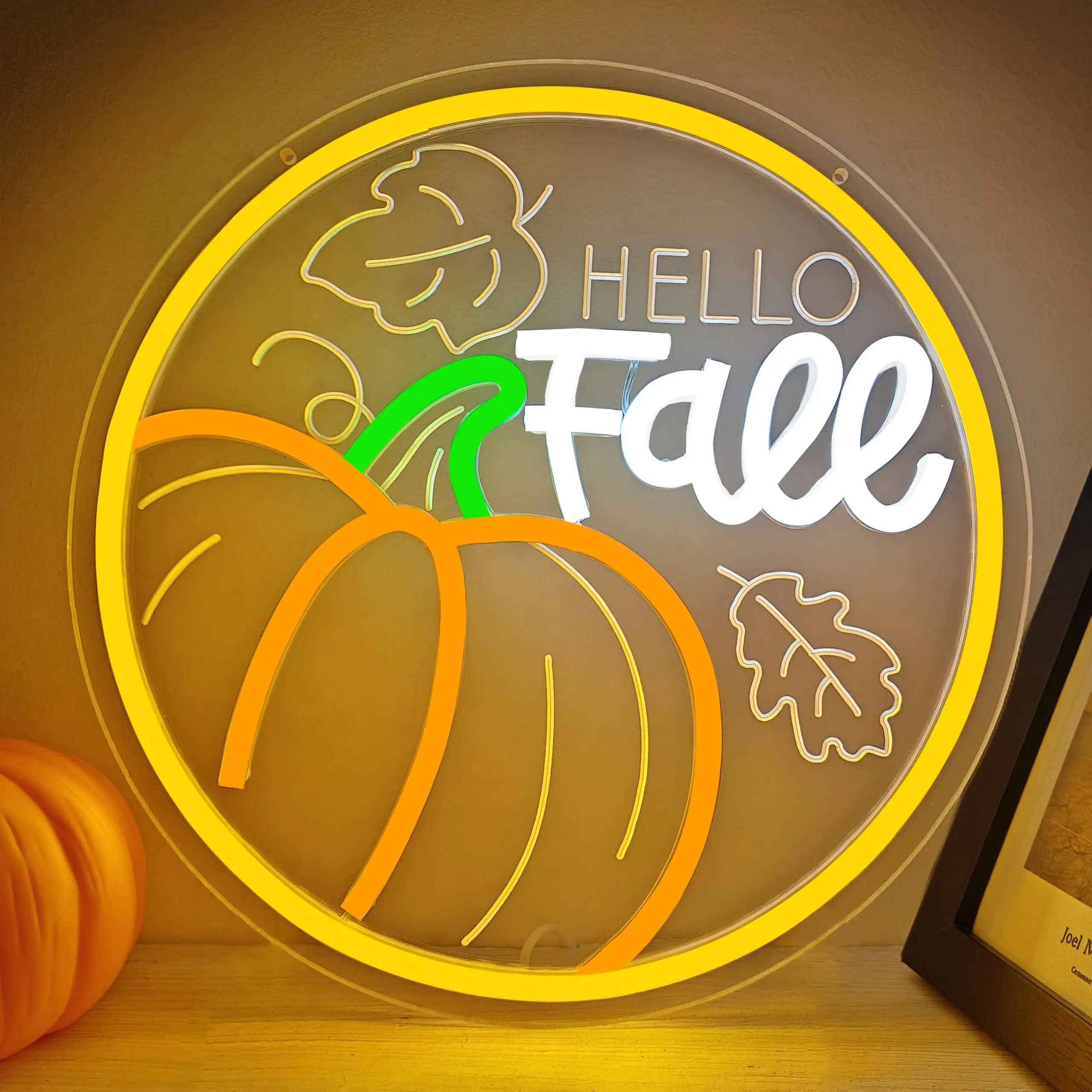 Hello Fall LED Neon Sign Wall Decor Pumpkin Thanksgiving Decor USB Dimmable Light for Home Office Porch Autumn Decor Gift