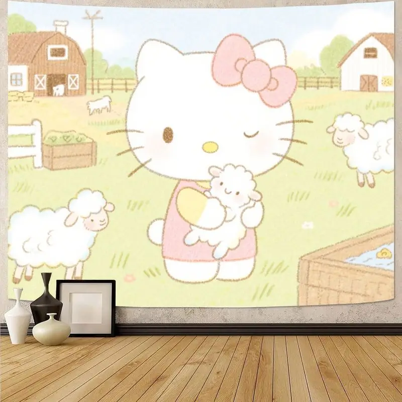 

1PC Sanrio Hello Kitty Farm Lamb Kawaii Tapestry, Pastel Polyester Wall Art Decor for Girls Bedroom, Cute Kitty Fan Gift