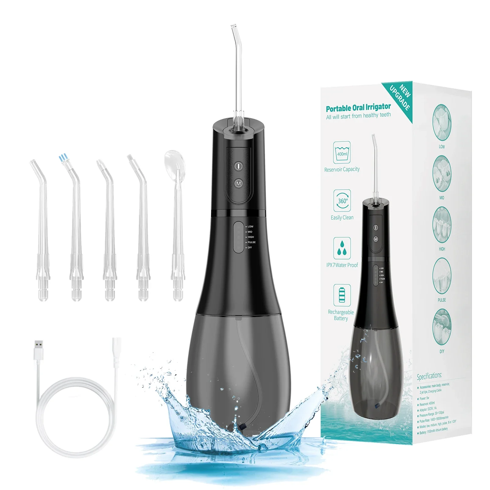 Oral Irrigator USB Rechargeable Flosser Portable Dental Water Jet 400ML Water Tank Waterproof Teeth Cleaner Personal Care 5 Mode