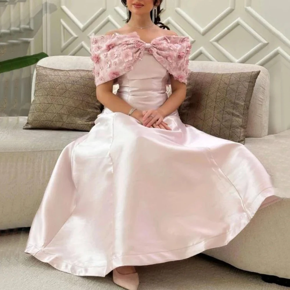 Charming Pink Evening Dress Off the Shoulder Short Sleeves A-Line 3D Flowers Women Customized Banquet Party فساتين حفلة موسيقية