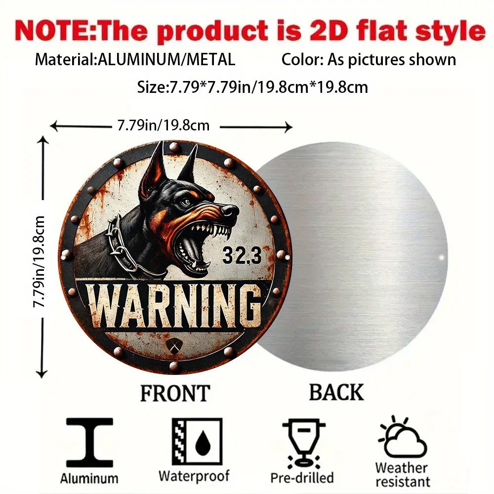 [2D Flat] Vintage Round Metal Warning Sign - Doberman Safety Alert, Engraved Aluminum Tin Plate, 7.79x7.79 Inches, Waterproof &