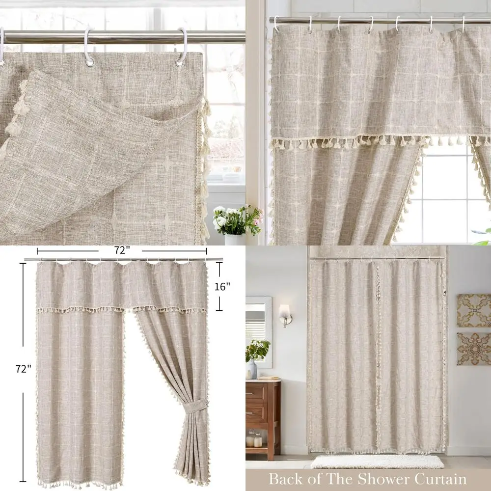 

Brown Polyester Linen Shower Curtain, 72x72, with Hooks for Farmhouse Bathroom Decor