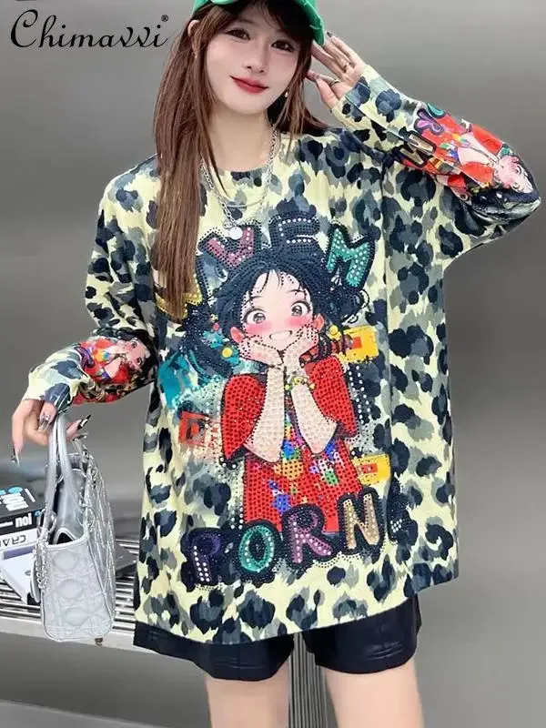 Europeu 2024 outono novo pesado quente diamante dos desenhos animados impressão camuflagem menina solta camisola tripulação pescoço manga longa streetwear topo