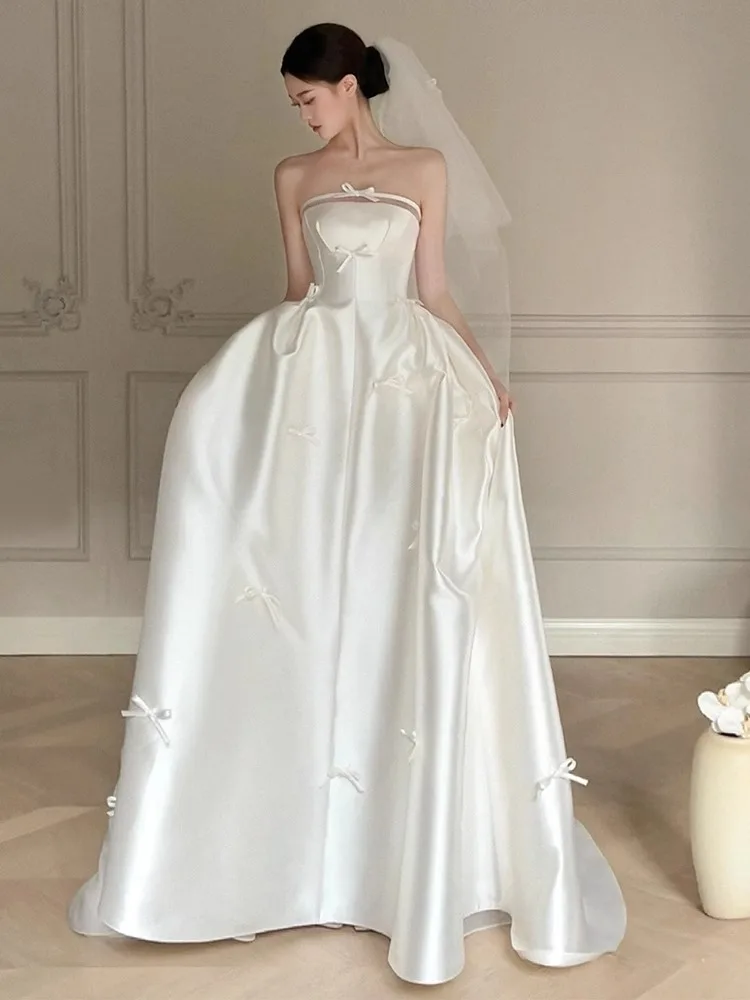 

Silk Satin Light Wedding Dr Simple Strapl Bridal Gown White Train Evening Reception Dr Long Skirt No Sve