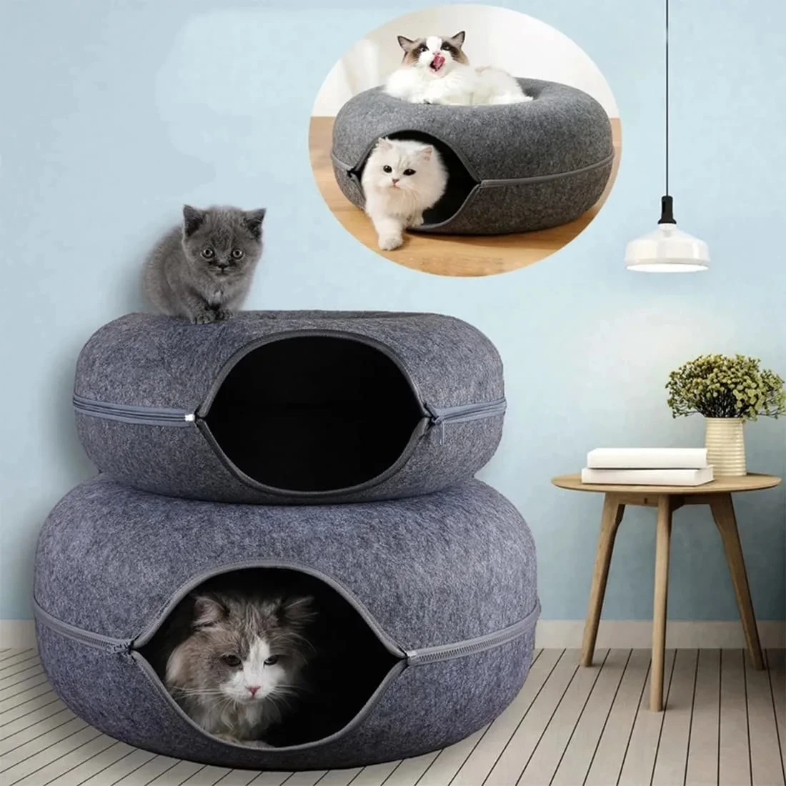 Round Cat Tunnel Interactive Kitten Donut Nest Felt Pet Toys Kennel Cats Bed House Scraper for Cats Sleeping Cushion