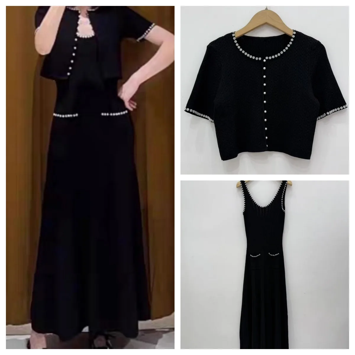 

Summer Female Pearl Decoration Knitted Set Sleeveless Dress+Fashion Short Sleeve O-neck Single Breasted Cardigan