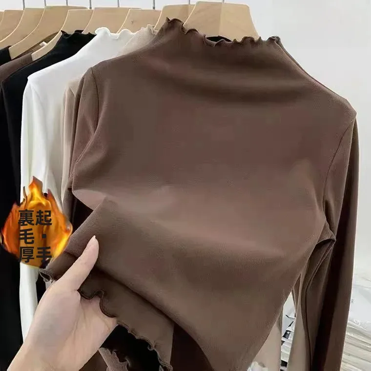 Thickened Fleece Long Sleeve Base Shirt Women's Autumn Winter Fashion Inner Wear Integrated Velvet High Collar Trendy Top