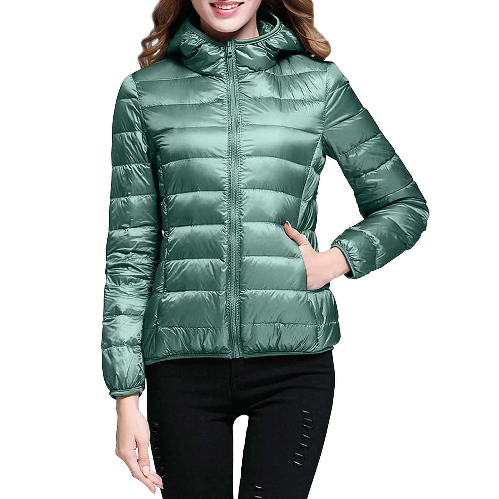 Chaqueta impermeable de manga larga con cremallera para mujer, Parkas ligeras cálidas, abrigos con bolsillos, invierno, 2024