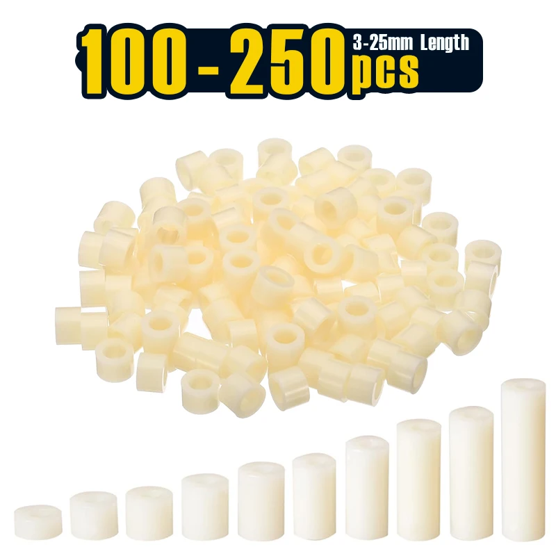 100-250 Pcs, M3 Electrical Outlet ABS Spacers, White 3.2mm ID, 7mm OD, 3-25mm Length Washer Spacer Assortment Plastic Round
