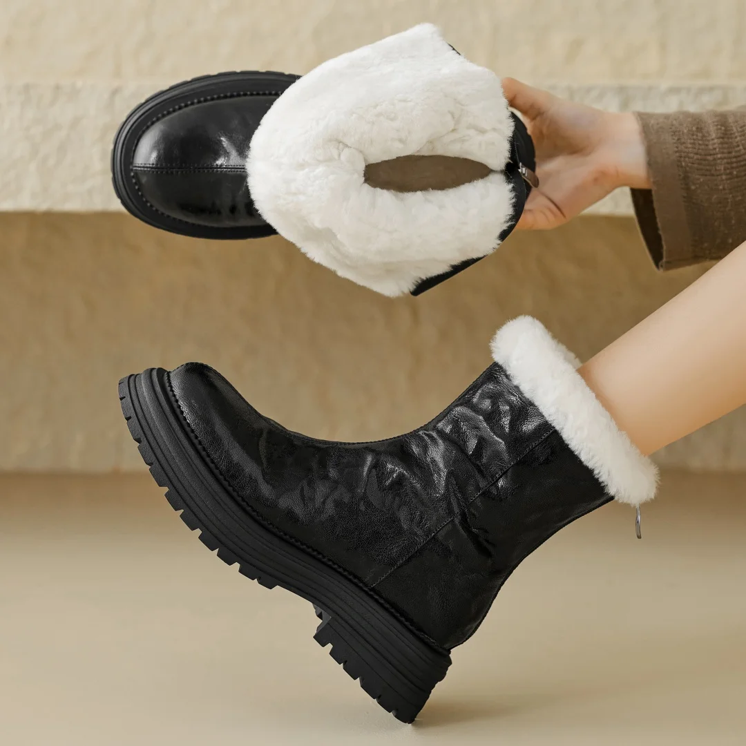 Botas de neve femininas de lã de pele de carneiro dentro do inverno tornozelo sola grossa plataforma apartamentos volta zip tempo frio botas curtas sapatos mulher