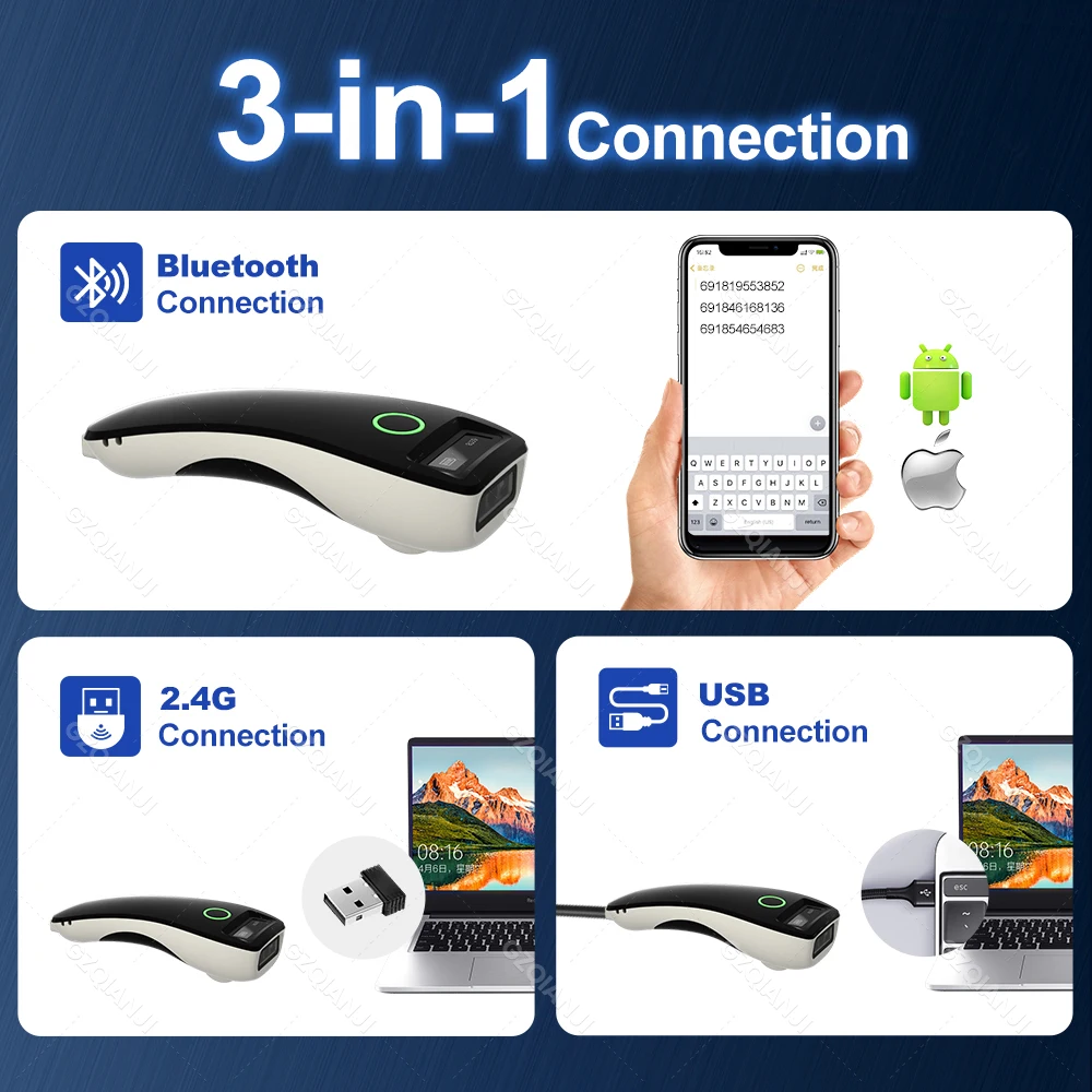 Mobile Mini Bluetooth Barcode Scanner 2.4G Wireless 2D QR 1D Bar Code PDF417 Scanners Reader with LCD Screen Display
