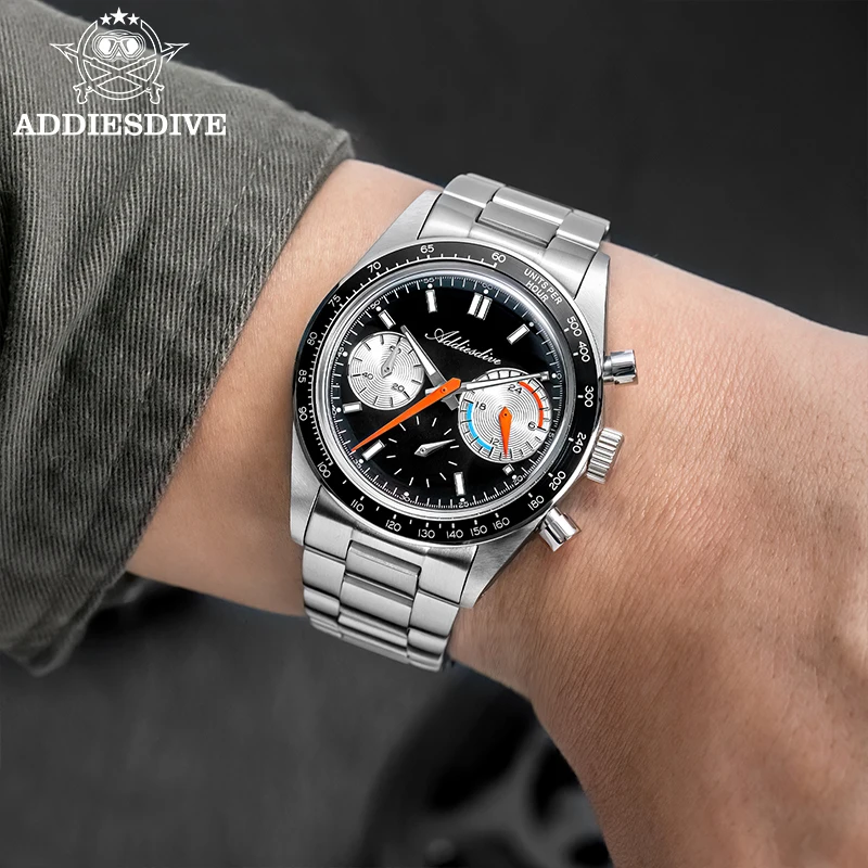 

ADDIESDIVE Men's VK63 Chronograph Quartz Watch 37mm Bubble Glass 100m Waterproof Wristwatch 316L Steel Luminous Sport Watches