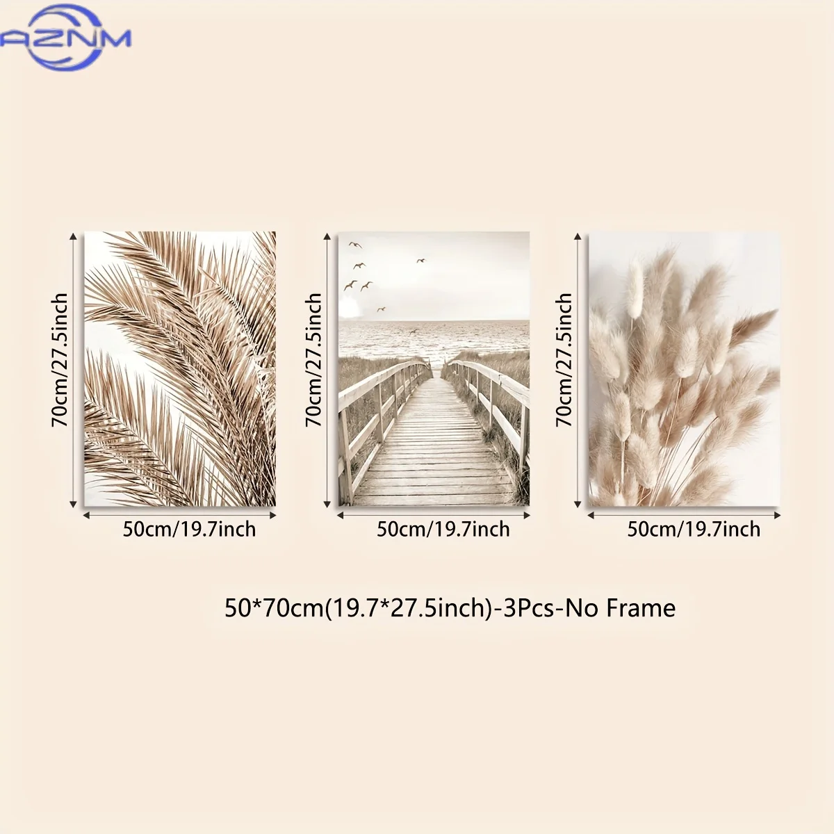 2D Flat/2D Flat/3pcs Modern Beige Bohemian Leaf Grass Beach Pier Landscape Paintings/Canvas Art/Minimalist Style Wall Mural/Livi