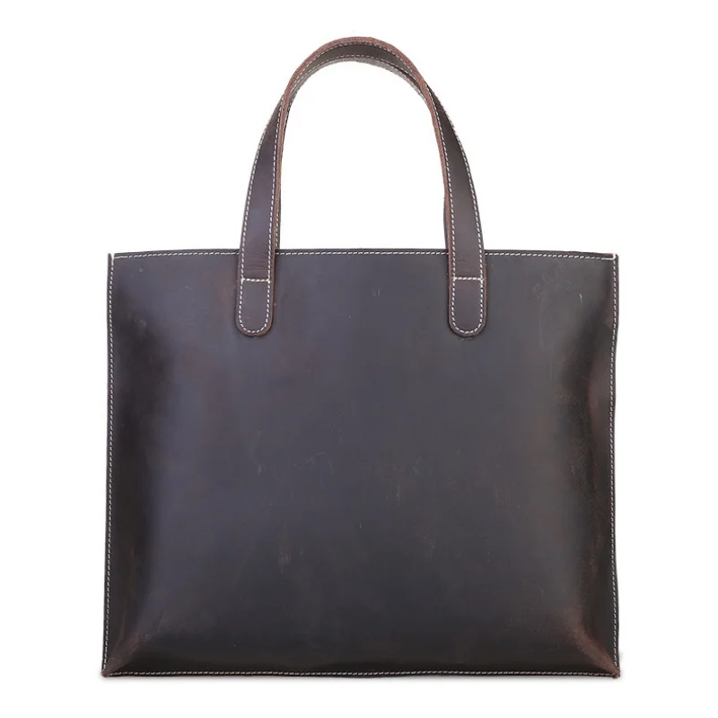 Men's Crazy Horse Leather Horizontal Briefcase Genuine Cowhide Handbag Crossbody Business Laptop Single Shoulder Bag