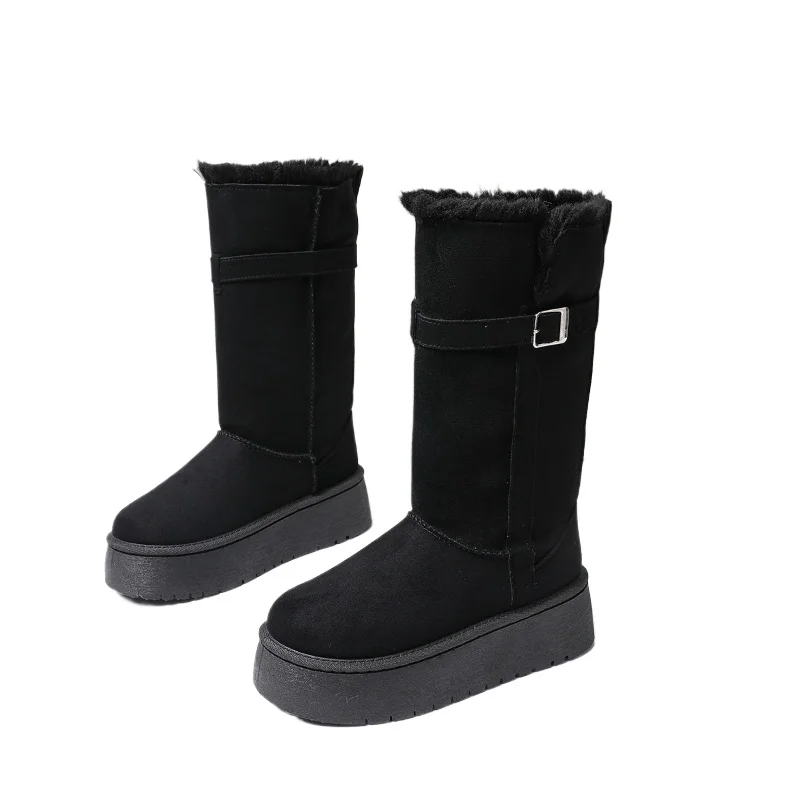 الشتاء سميكة سوليد الثلوج الأحذية جولة تو حزام مشبك كم شقة وحيد سميكة الكشمير أحذية عالية حجم كبير المرأة Boots36-41 #1