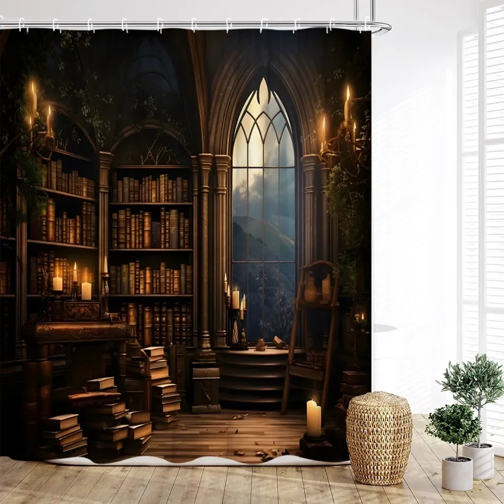 Vintage Bookshelf Shower Curtain, Magic Books Old Bookshelf Candles Ancient Attic Print Home Bathroom Decor with Hooks