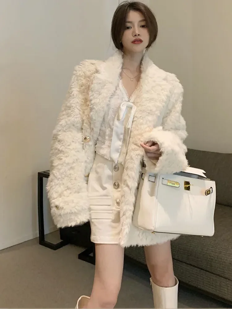 Korean Design Faux Fur Thick Jackets Tops Women Lapel Neck Double Breasted Chamarras Winter Warm Long Sleeve Solid Abrigos New