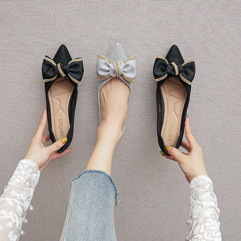 Bow Tie Pointed Toe Single Shoe Women\'s 2024 New Spring and Autumn Fairy Gentle Flat Bottom Large Size Women\'s Shoes 41-43