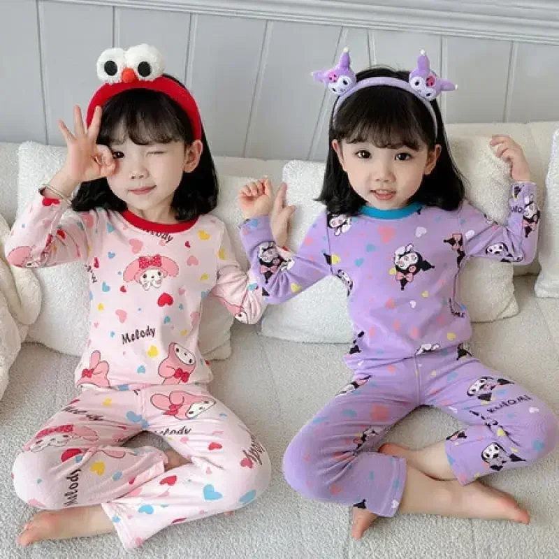 Kawaii Sanrio Kids Anime Pajamas 2Pcs Set Cute Kuromi My Melody Girls Thermal Underwear Autumn Children's Nightwear Home Clothes