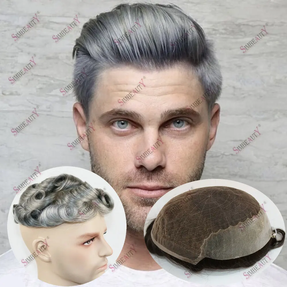 1B65 Grey Natural Hairline Lace Front & Pu Male Hair Wigs Breathable Lace Q6 Mens Toupee Human Hair Blonde Capillary Prosthesis