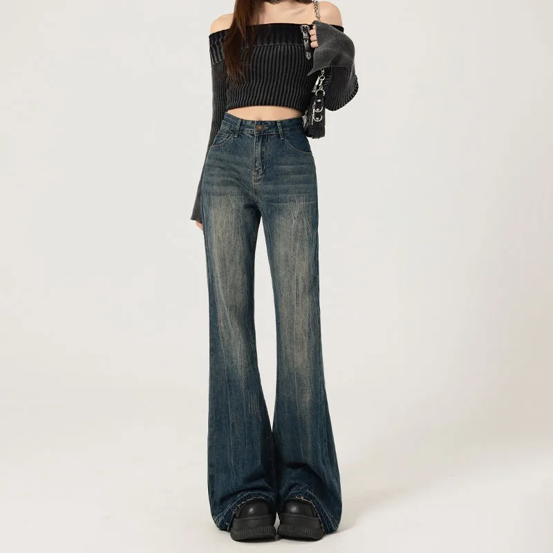 

Retro Blue Flared Jeans High Waist Casual Women's Denim Pants Spring 2025 Fashionable Casual Cotton Blend 3D Effect