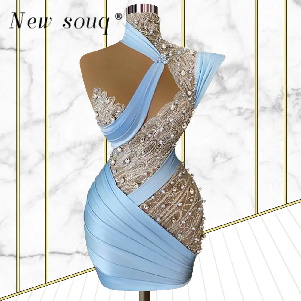 Light Blue High Neck Short Mermaid Prom Girls Gowns Fashion Glitter Sleeveless Birthday Party Cocktail Homecoming Dresses