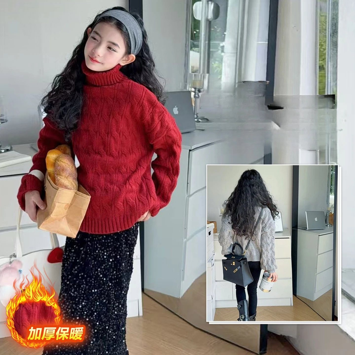 5-6-7-8-9-10-14 teen girls high neck Fried Dough Twists short sweater autumn winter vintage soft thickened knitwear tops clothes