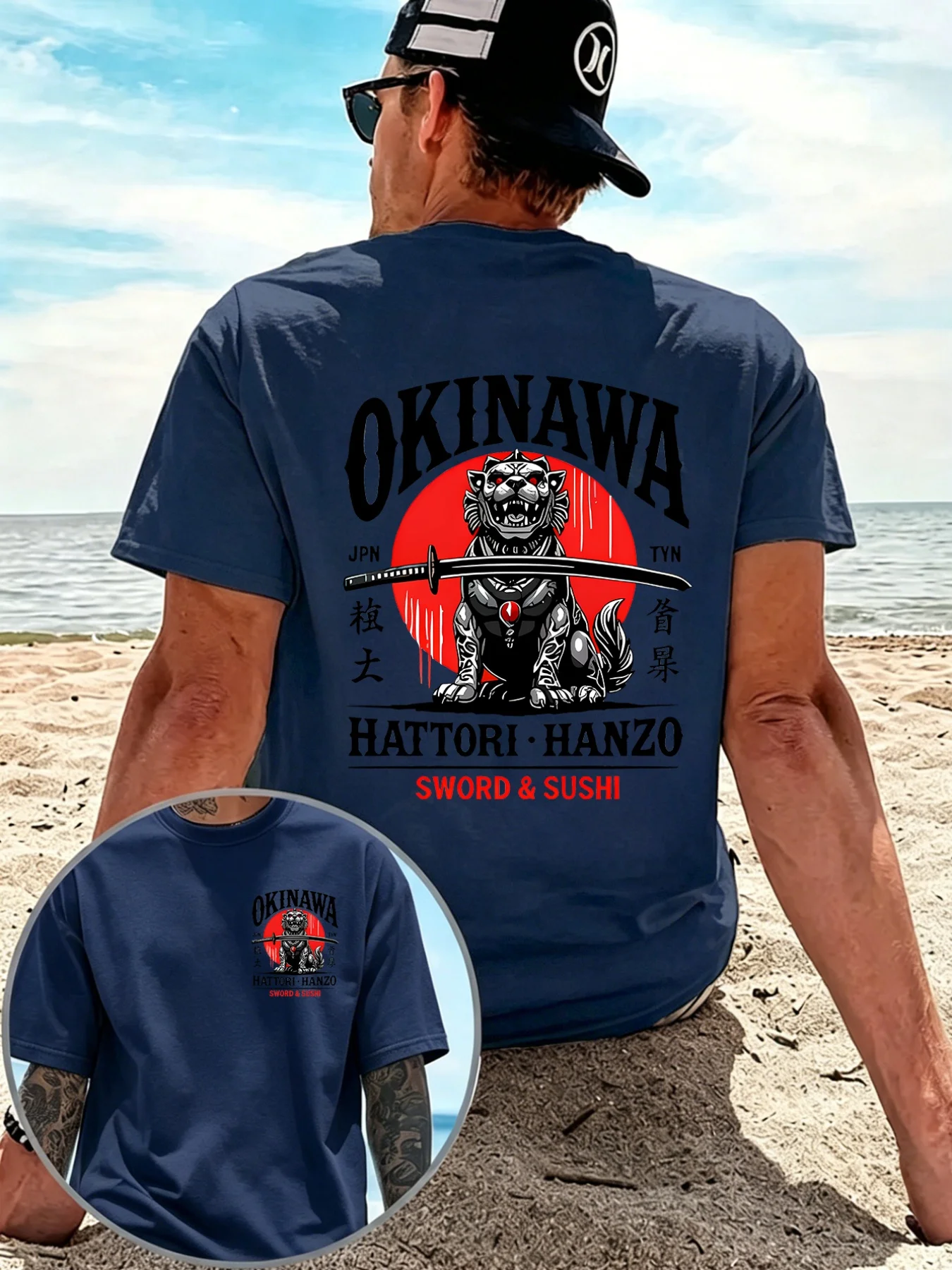 Men'S Summer New Casual Versatile T-Shirt Short Sleeve Okinawa Hattori Hanzō Samurai Badge Double-Sided Pattern Print