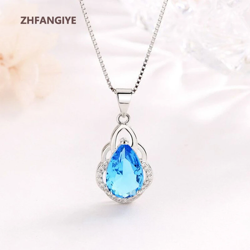 

ZHFANGIYE Necklace 925 Silver Jewelry Water Drop Shape Sapphire Zircon Gemstone Pendant for Women Wedding Party Gift Accessories