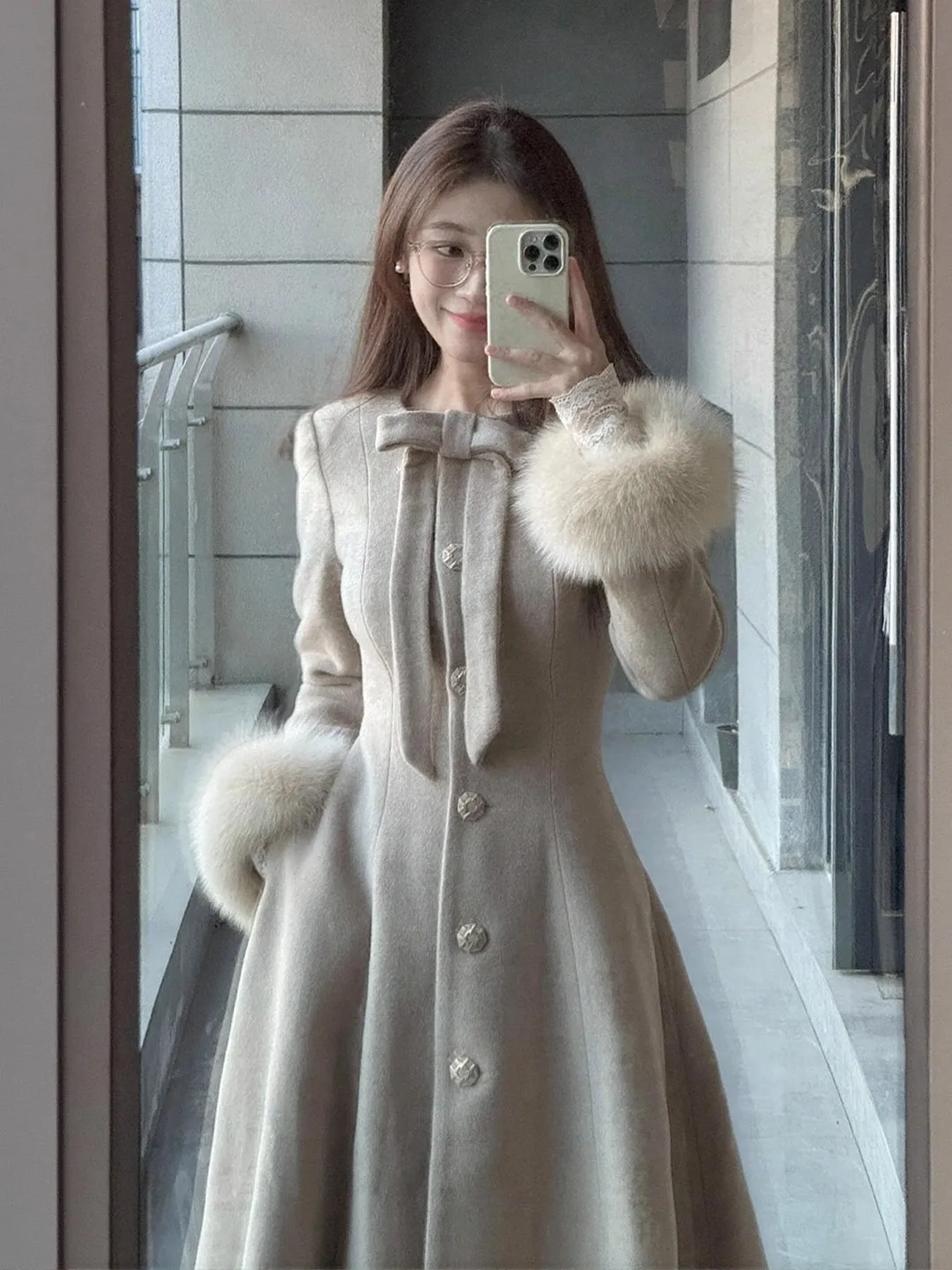 معطف المرأة الفرنسية مزاجه نمط طويل الخصر Cinched الفراء كم معطف الخريف الشتاء جديد بلون الراقية معطف الصوف #4