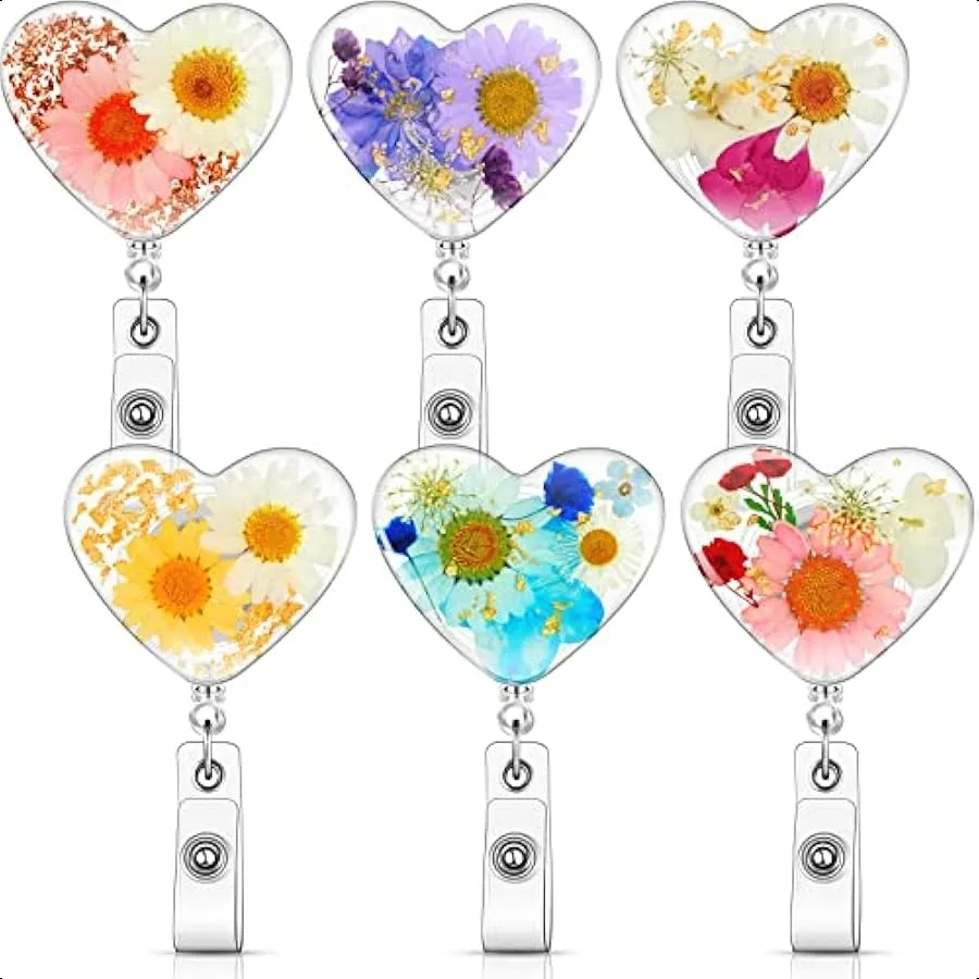 

6 Pieces Retractable Reel Badge Holder Christmas Gift Dried Flower Resin Heart Badge Holder with Swivel Clip Name Card Clip fo