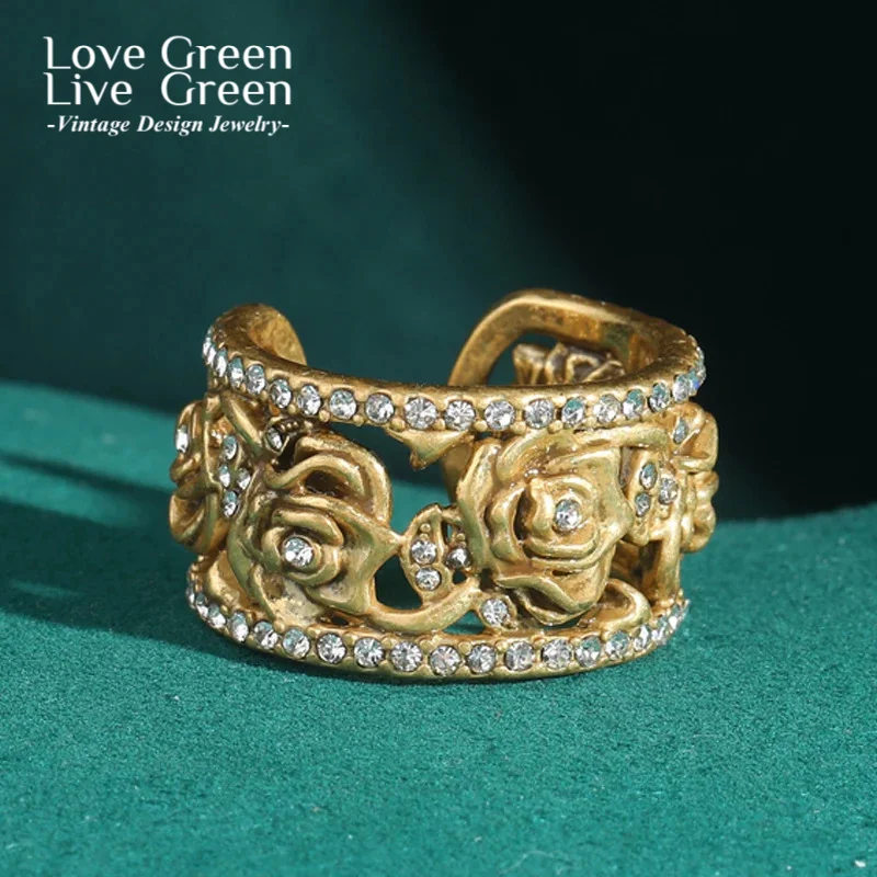 

Vintage Rose Flower Camellia Adjustable Rings Rhinestones Gold Color Engagement Woman Antique European Accessories 2025 Trends