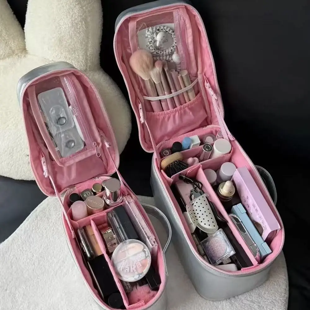 

PU Leather Silver Makeup Bag Large Capacity Multi-functional Cosmetic Storage Pouch Waterproof Detachable