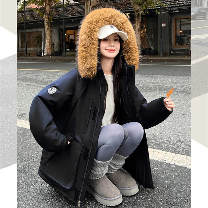 

Women's Overcoat Winter Warm Hooded Women's Down Cotton Jacket 2025 New Loose Thick Large Fur Collar Women's Cotton Jacket H669