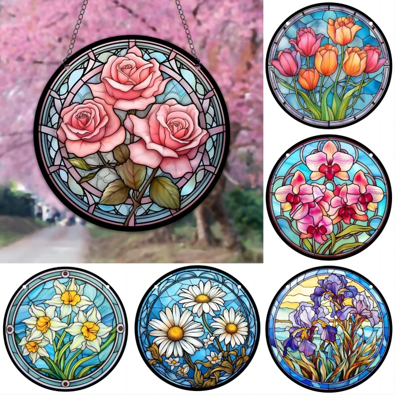 Flower Series Stained Suncatcher Window Wall Hanging Pendant Pink Rose Acrylic Wreath Sign Home Room Decoration Garden Ornament