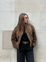 Brown Suede Jacket Women Vintage Zipper Long Sleeve Pockets Stand Collar Bomber Coat Lady 2025 Spring New Fashion Streetwear Top