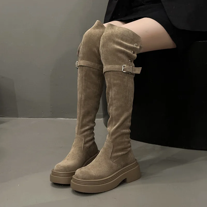 

British Style Metal Belt Buckle Thick Heel Long Knight Boots Suede Two Wear Sexy Knee High Boots Velvet Western Pleated Boots